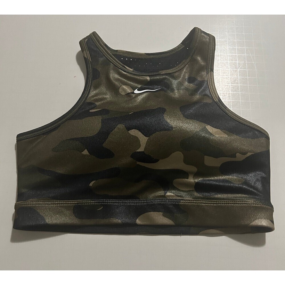 Nike Women's Dri-Fit Sports Bra High-Neck Green Camo Swoosh Logo XS